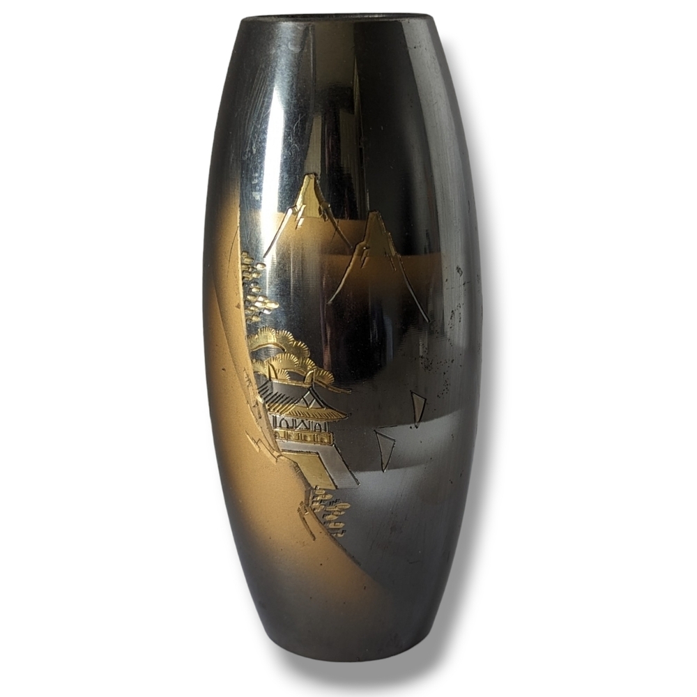Vintage Japanese Fine Arts Etched Mixed Metal Vase Gold Silver Brass Bronze